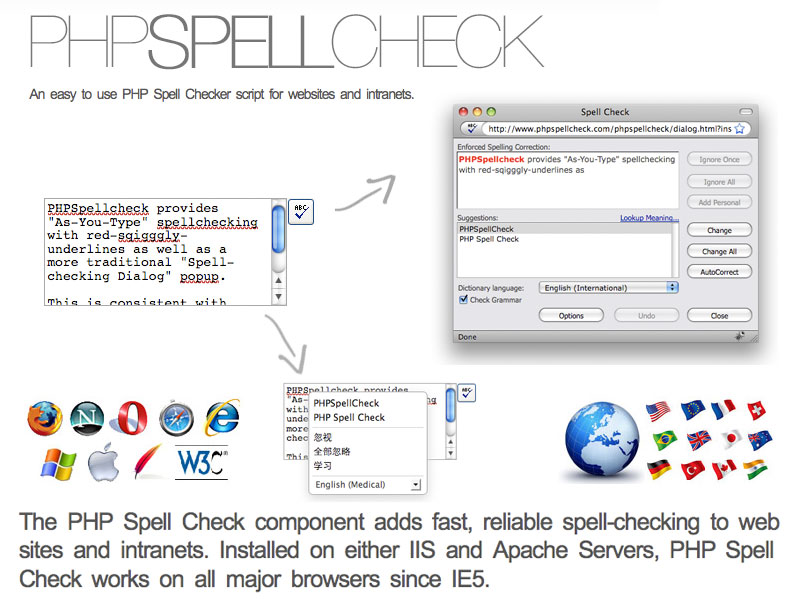 An easy to use PHP Spell Checker script for websites and intranets.